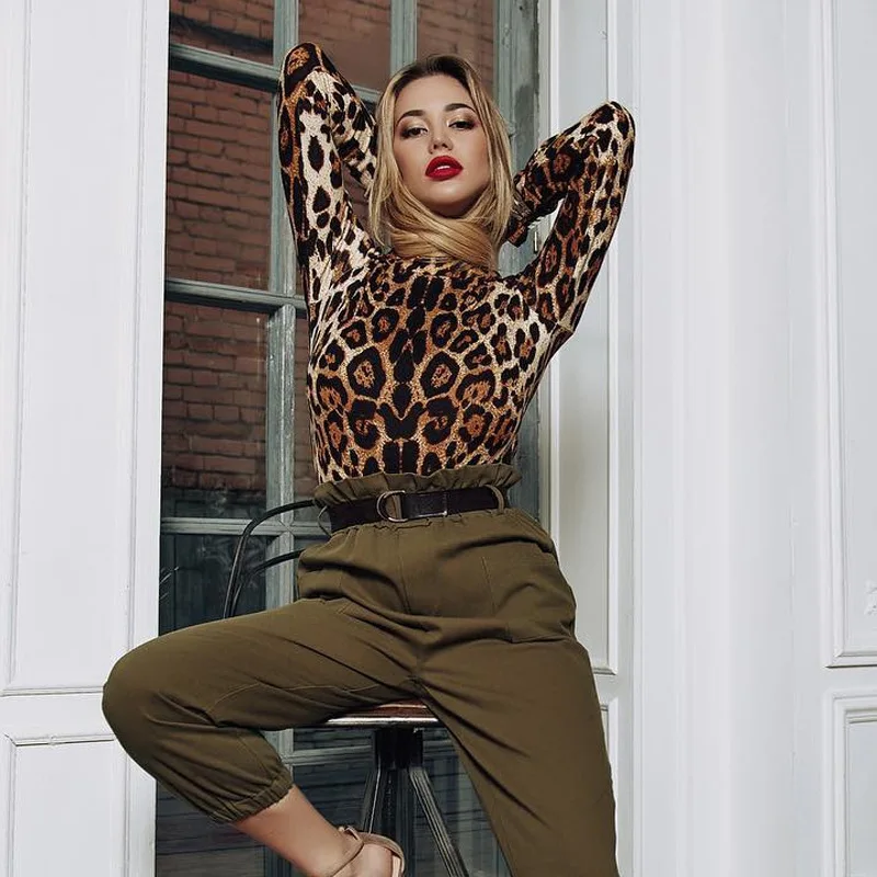 

2023 Leopard Bodysuit for Women Sexy Bodycon Skinny Body Suit Turtleneck Long Sleeve Playsuit Printed Rompers Jumpsuits