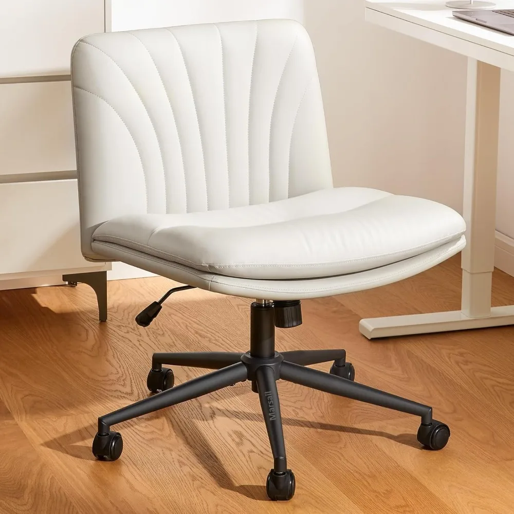 Armless-Office Desk Chair,with Wheels PU Leather Cross Legged Wide Chair,Comfortable Adjustable Swivel,Computer Task Chairs