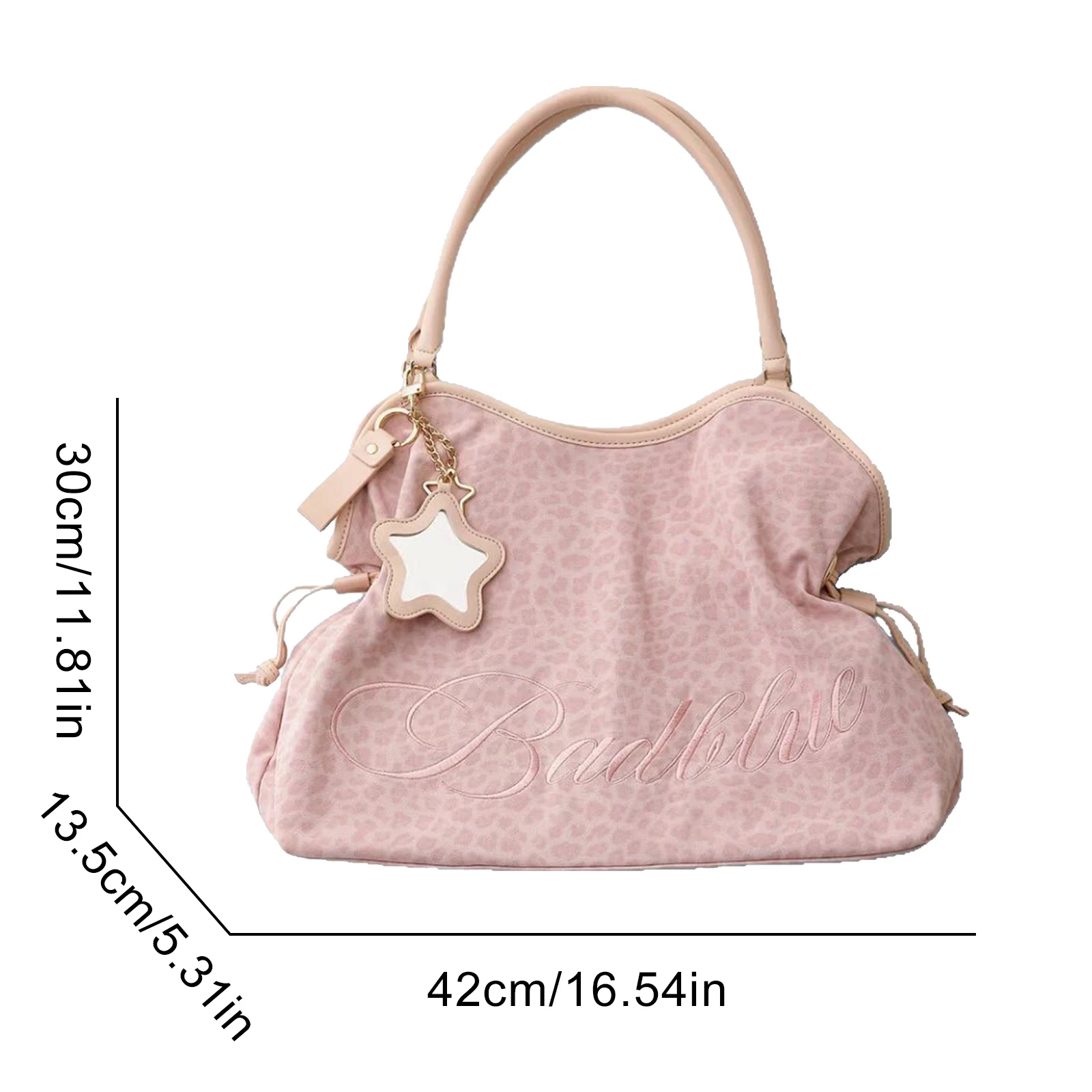 Y2K BadBlue Embroidered Leopard Print Tote Bag Large Capacity Shoulder Bag with Star Mirror Pendant Korean Trendy Women Handbag 6