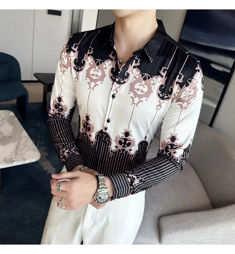 Men's Luxury Design Dress Shirt Long Sleeve Button Down Printed Shirt for Party Prom Wedding Shirt