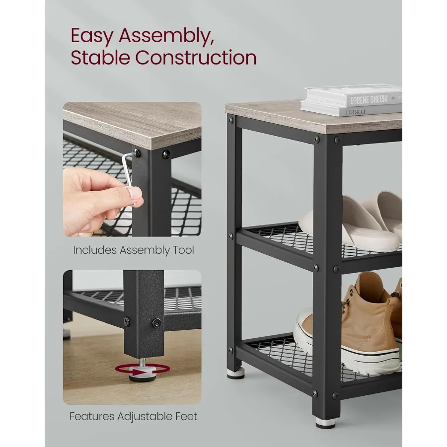 3Tier Shoe Rack Shelf Storage Bench with Metal Mesh Shelves and Seat Free Standing Shoe Organizer for Entryway 11.8 x 39.4 x 17