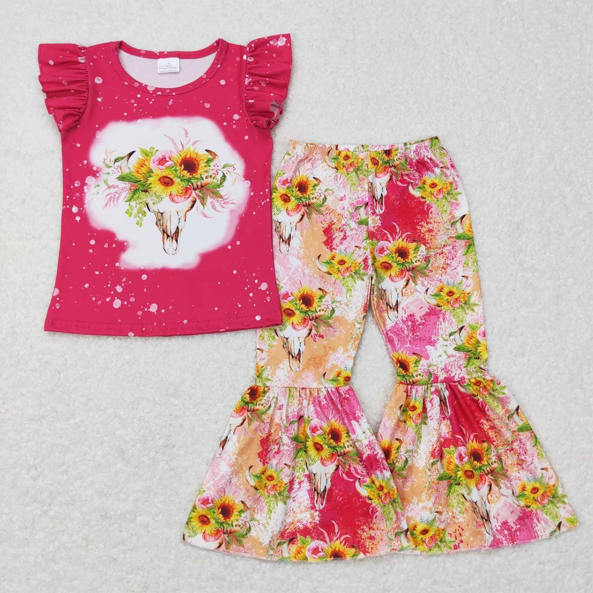 

Wholesale Children Kids Sunflower Cow Skull Outfit Baby Girl Short Sleeves Tops Floral Bell Pants Toddler Infant Western Set