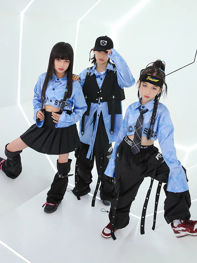 New Kids Jazz Dance Costume Girls Boys Blue Shirts Pants Hiphop Performance Clothes Drum Concert Stage Outfit Streetwear BL11799