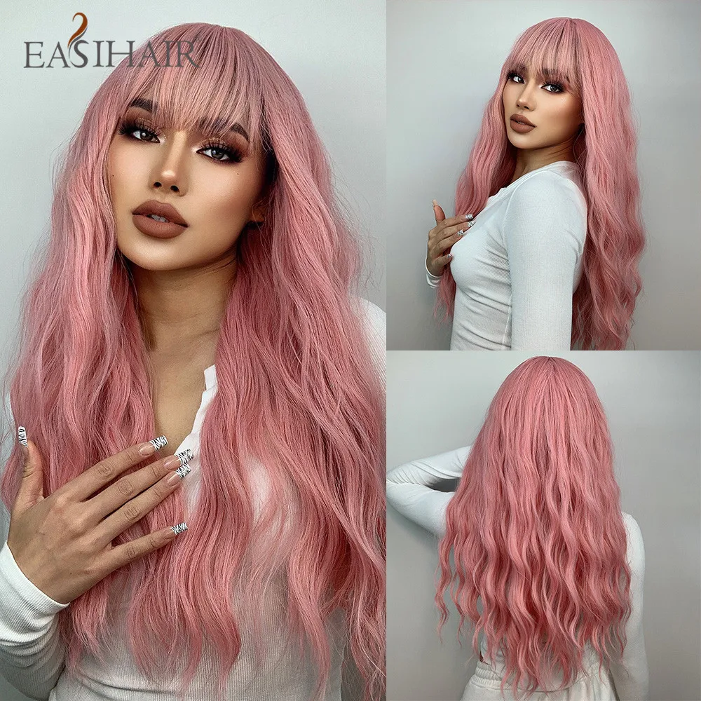 EASIHAIR Parrucche sintetiche lunghe e ondulate viola con frangia per donne Parrucca colorata per feste di cosplay di Halloween Fibra resistente al calore_voghion.com