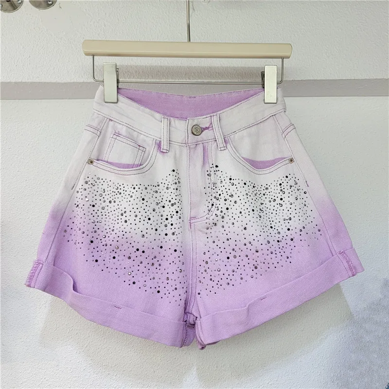 Rhinestone Gradient Denim Shorts Women's 2024 Summer Denim Short Pants High Waist Slimming A- Line Wide-Leg Hot Short Trousers