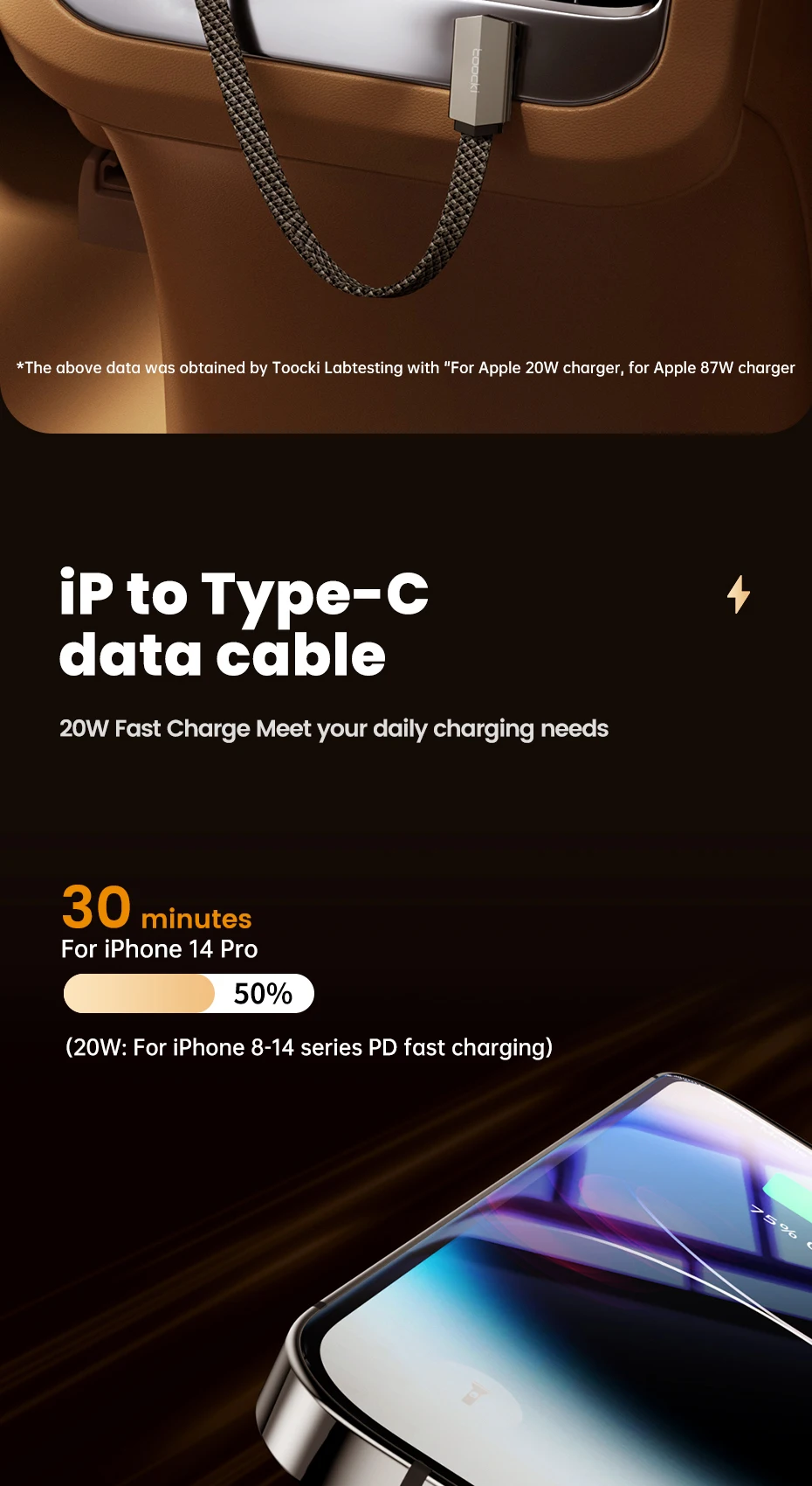 Toocki USB-C to Lightning 90° Charging Cable 20W with LED