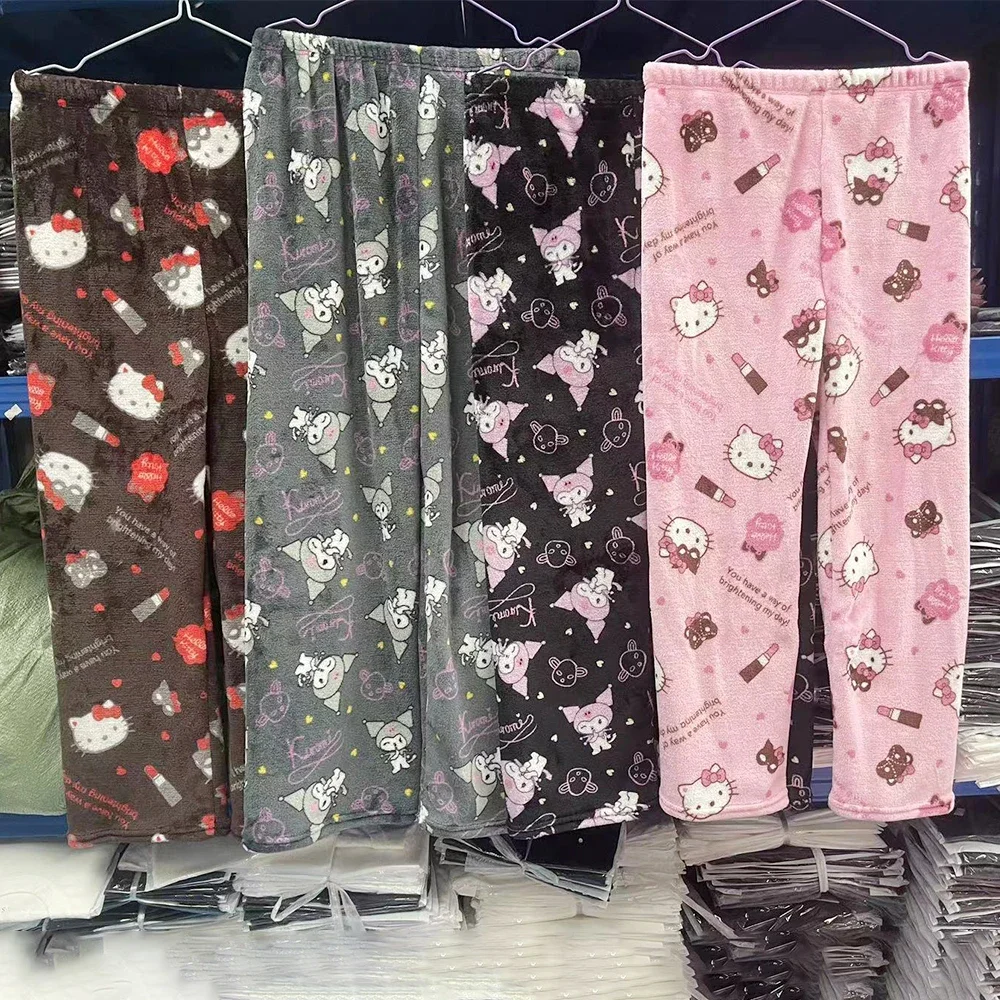 Cartoon Plush Pajama Pants Y2K Hello Kitty Sanrioed Kawaii Spring Winter Soft Thickened Homewear Pants Sweet Girl Student Gift 5