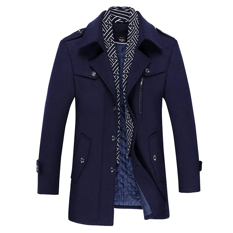 

Winter Men's Wool Coats New Fashion Middle Long Scarf Collar Cotton-padded Thick Warm Woolen Coat Male Trench Coat Overcoat