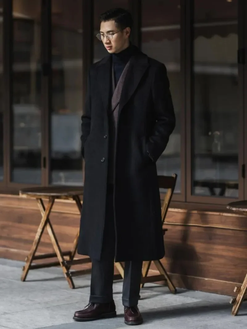 

Autumn Winter Long Warm Black Trench Coat Men Single Breasted Luxury Wool Blends Overcoat 2024 High Quality Clothing