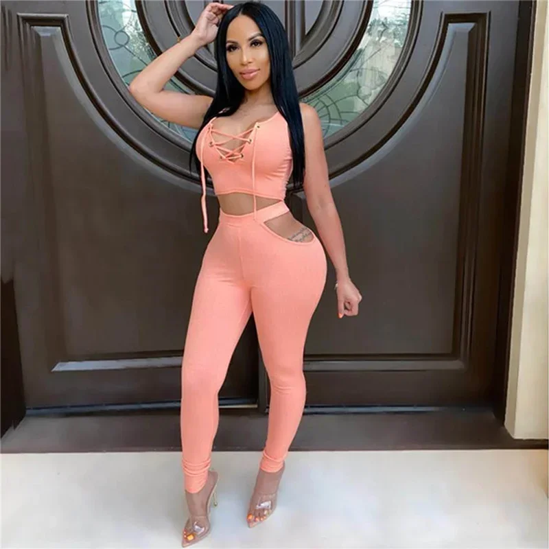 

WUHE Two Piece Set Tracksuit Women Birthday Party Outfits Lace Up Crop Top and Long Pant Set Streetwear Sexy 2 Piece Clubwear