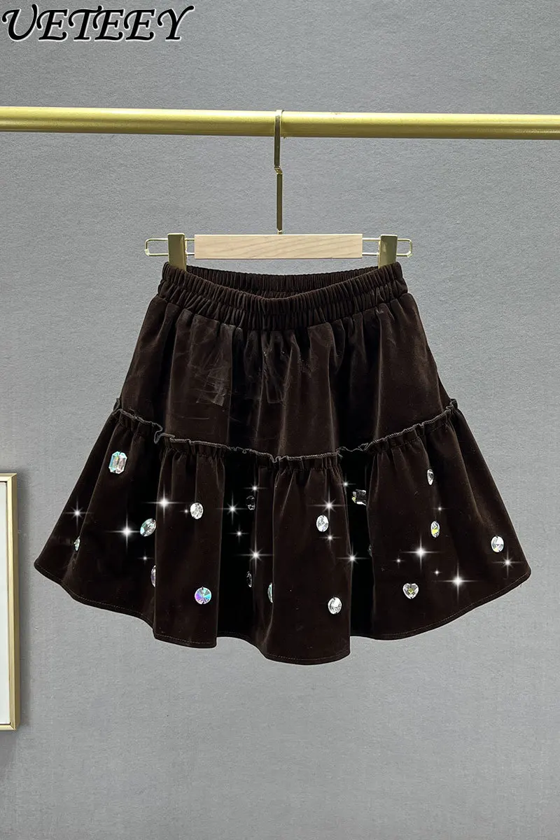 

Exquisite Rhinestone Black Corduroy Short Skirt for Women 023 New Autumn Loose Slimming A- Line Large Hem Pleated Skirt Female