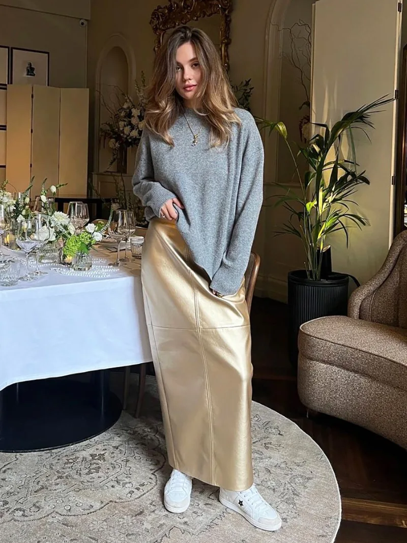 Slit PU Skirts For Women 2025 Spring New Slim Y2K Sheath Skirt Femme Street Solid Casual Fashion Elegant Skirts Womens