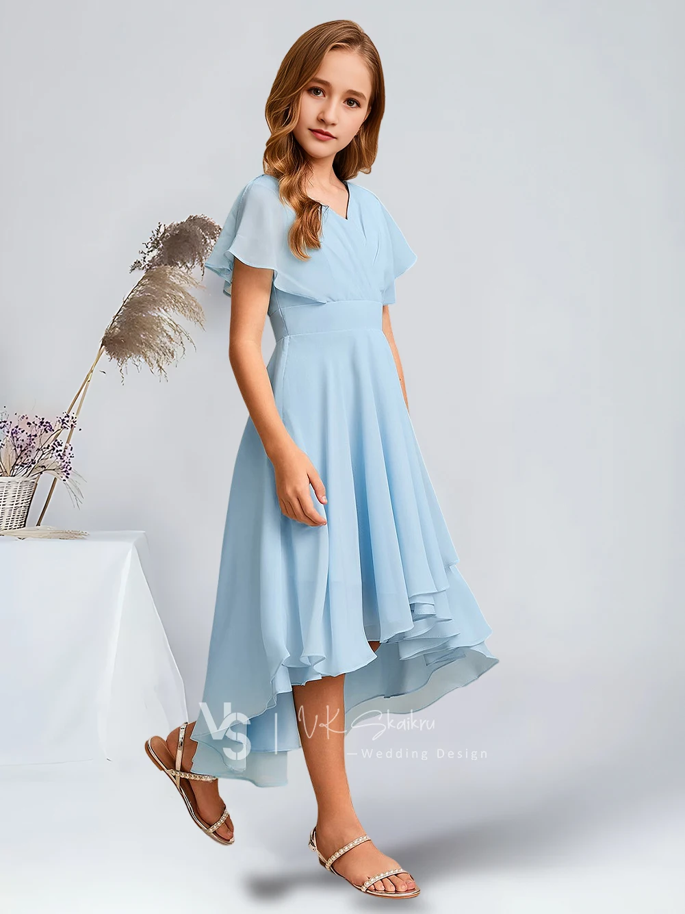A-Line V-Neck Asymmetrical Chiffon Junior Bridesmaid Dresses Sky Blue Flower Girl Dresses Party Wedding Kids