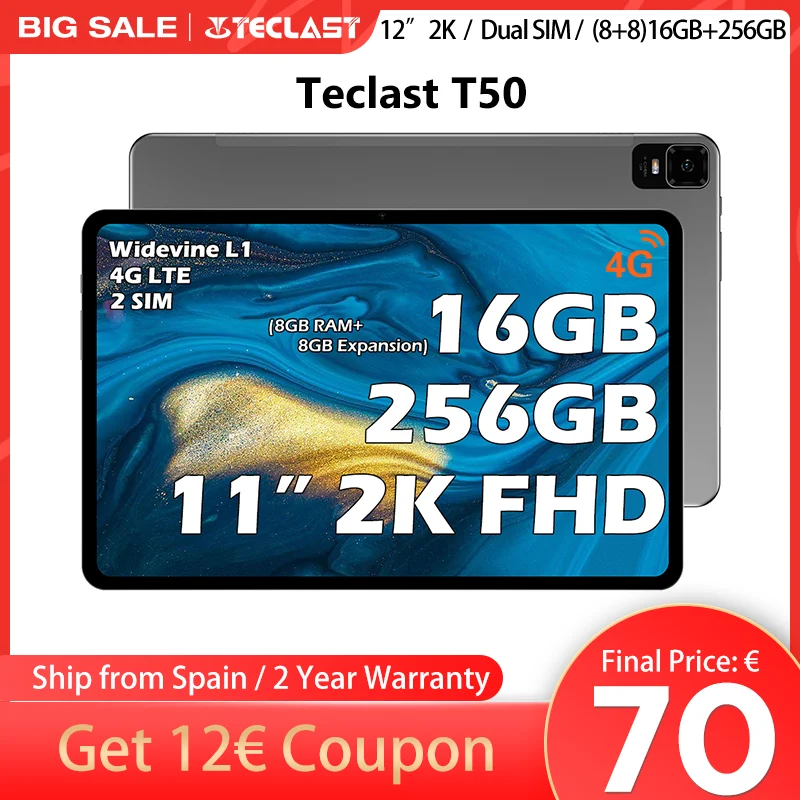 Teclast T50 2K 11 Inch Tablet, Android 12/13, 8Gb Ram+128Gb