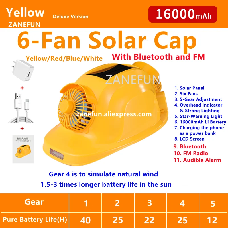 Solar ABS Cap With 6 Fans 16000mAh Lithium Battery Bluetooth Radio LED Headlight Warning LCD Solar 6-Fan Helmet