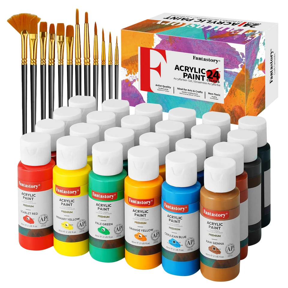 Acrylverfset, Shuttle Art 36 kleuren (60 ml, 56g) met 3 penselen en 1 palet, rijke pigmenten, niet giftig voor kunstenaars, beginners en kinderen op