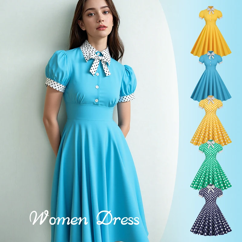 FYMNSI Abito Da Donna Vintage Anni '50, Stile Rockabilly, Con Scollo A V Elegante Abito Da Sera A Pois Blu Mare L 120979355