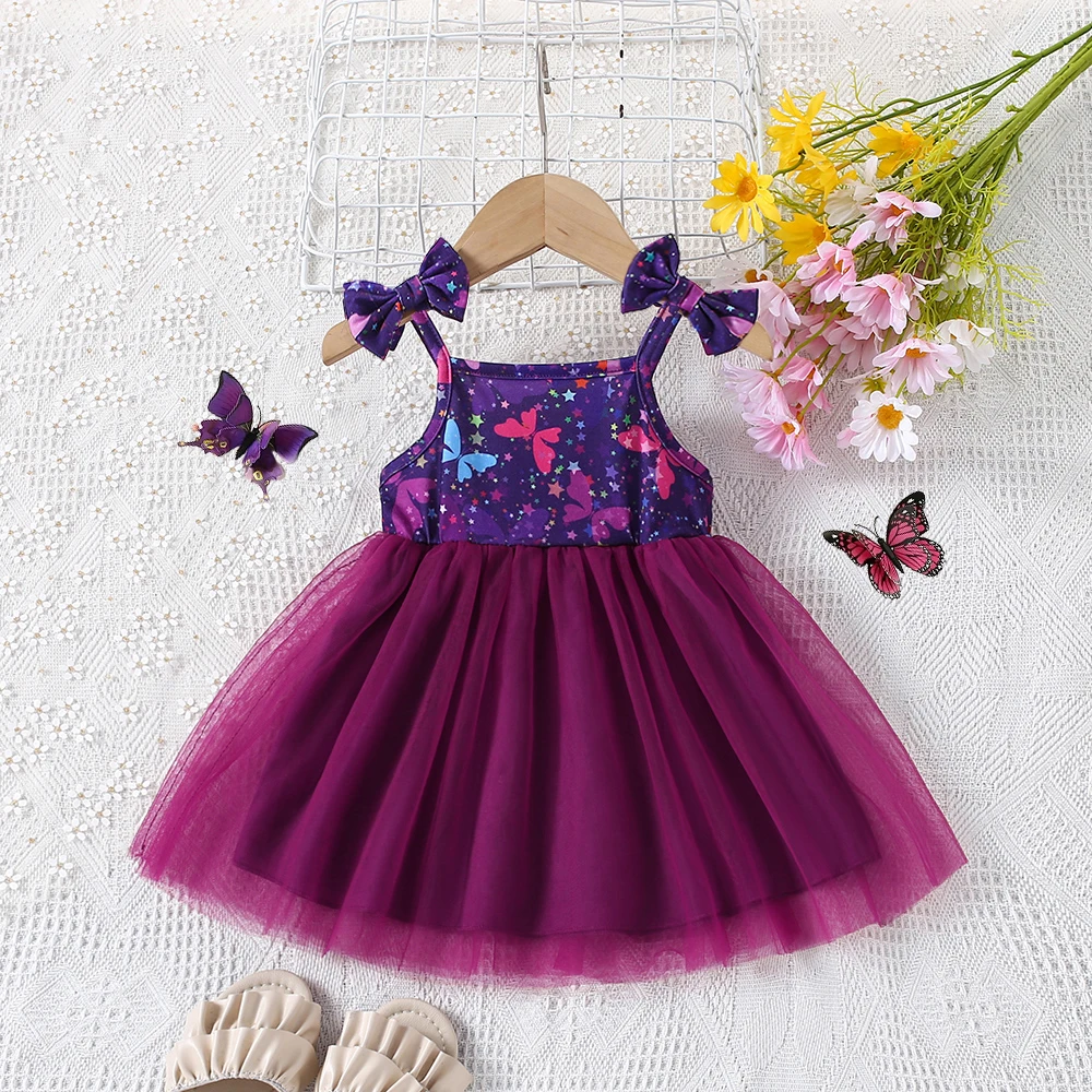 Girls Dress Baby Girl Dress Summer Girl's Bow Suspender Patchwork Mesh Princess Dress Baby Birthday Party Dress