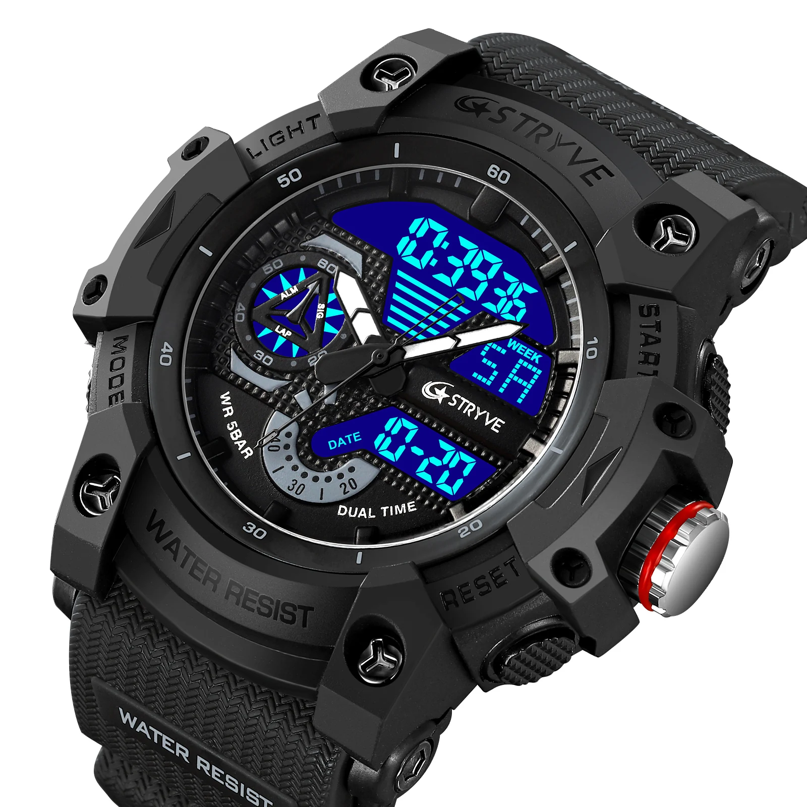STRYVE Electronic Fashion Men's Sport Watches Shock Resistant 50M Waterproof Wristwatch LED Alarm Stopwatch Clock Men 8029 6