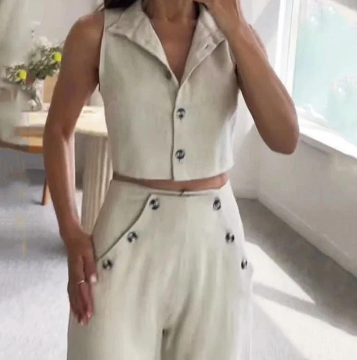 Women 2 Piece Set Outfit 2024 Temperament Turndown Collar Sleeveless Short Top and Button High Waisted Straight Leg Pants Set
