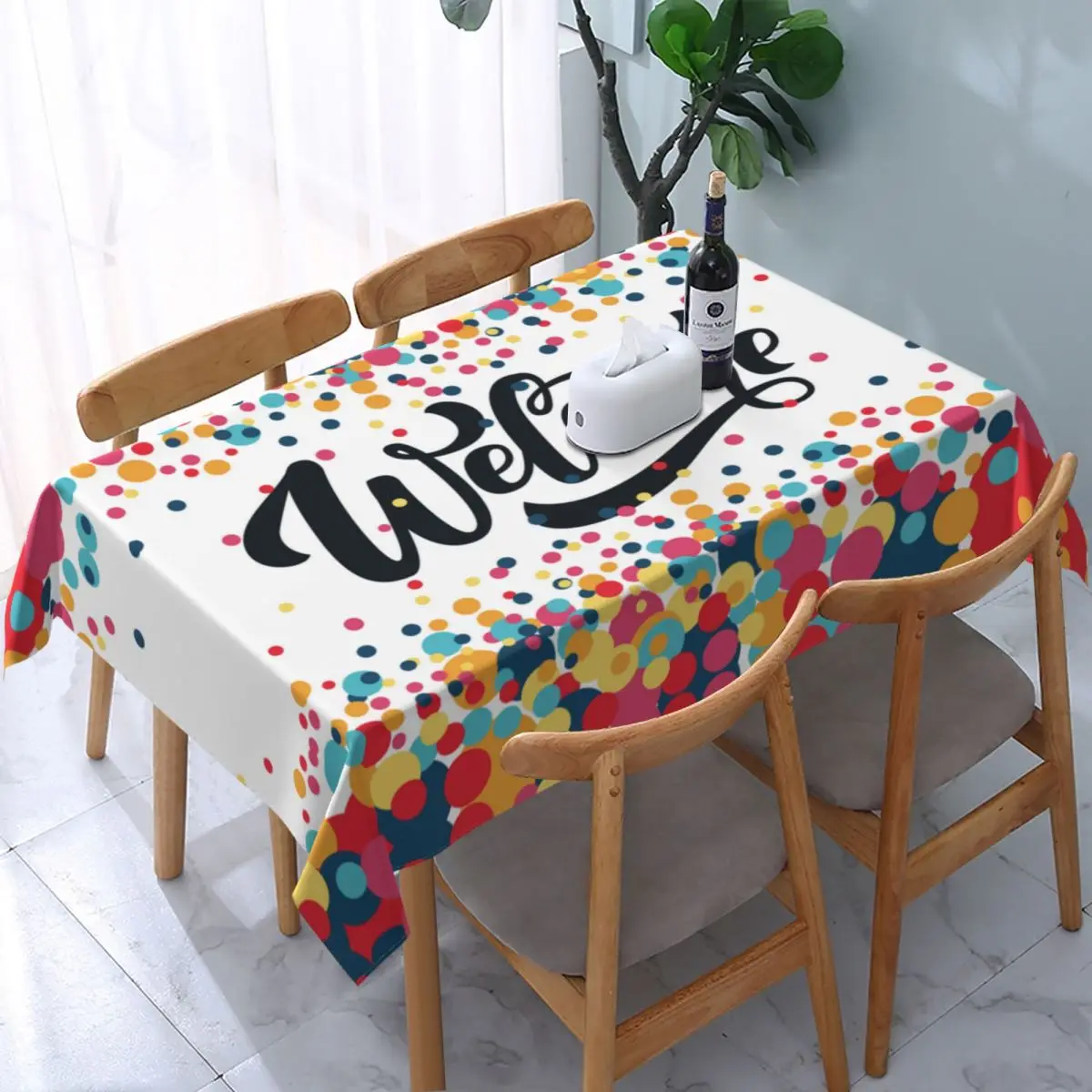 

Welcome Tablecloth Rectangular Elastic Fitted Oilproof Table Cover Cloth for Banquet