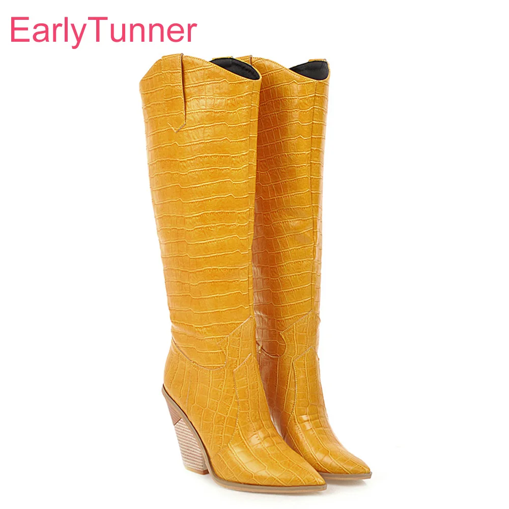 

Brand New Sweet Yellow Wine Red Women Knee High Boots Sexy Spike High Heels Lady Nude Shoes EH510 Plus Big Size 10 43 45 48