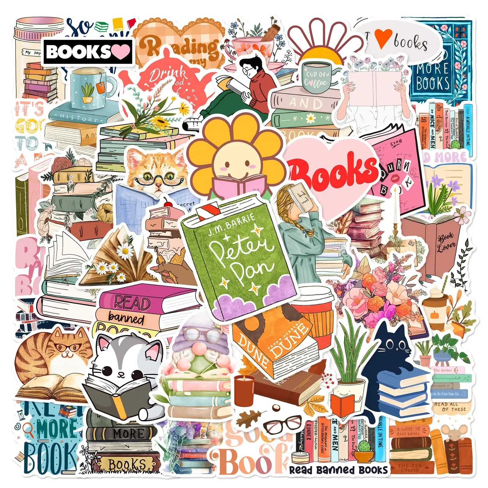 10/30/50Pcs Cat Books Waterproof Graffiti Sticker Aesthetic Decorative Luggage Cup Laptop Phone Skateboard Guitar Kids Stickers