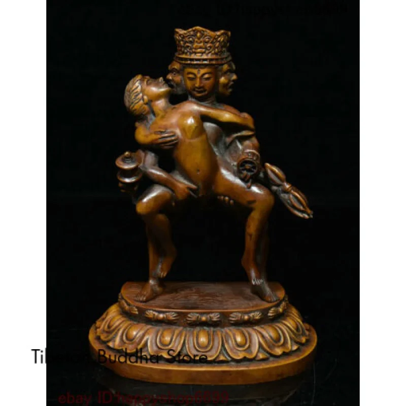 

Chinese Boxwood Wood Carving 3 Head God Vajra Mandkesvara Yab-Yum Buddha Statue