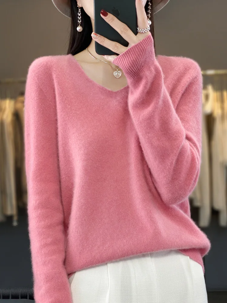 여성용 양모 스웨터, V넥 풀오버, 긴팔 상의, 100% 메리노 양모 용수철, 가을 캐시미어 니트웨어 의류, 신상
