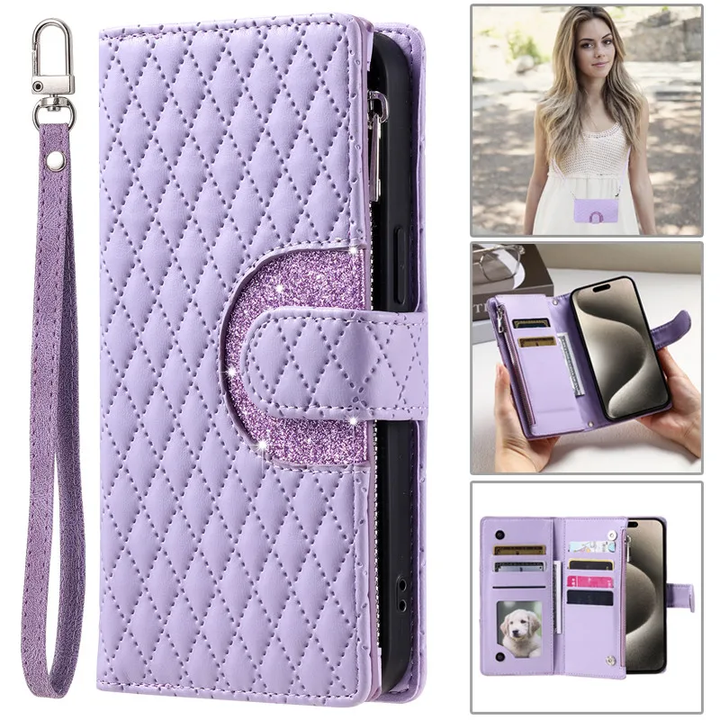 Premium Flip Leather Phone Case with Long Lanyard and Zipper Wallet Card Holder