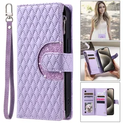 Premium Flip Leather Phone Case with Long Lanyard and Zipper Wallet Card Holder - iPhone 13(iPhone 14) (Purple)