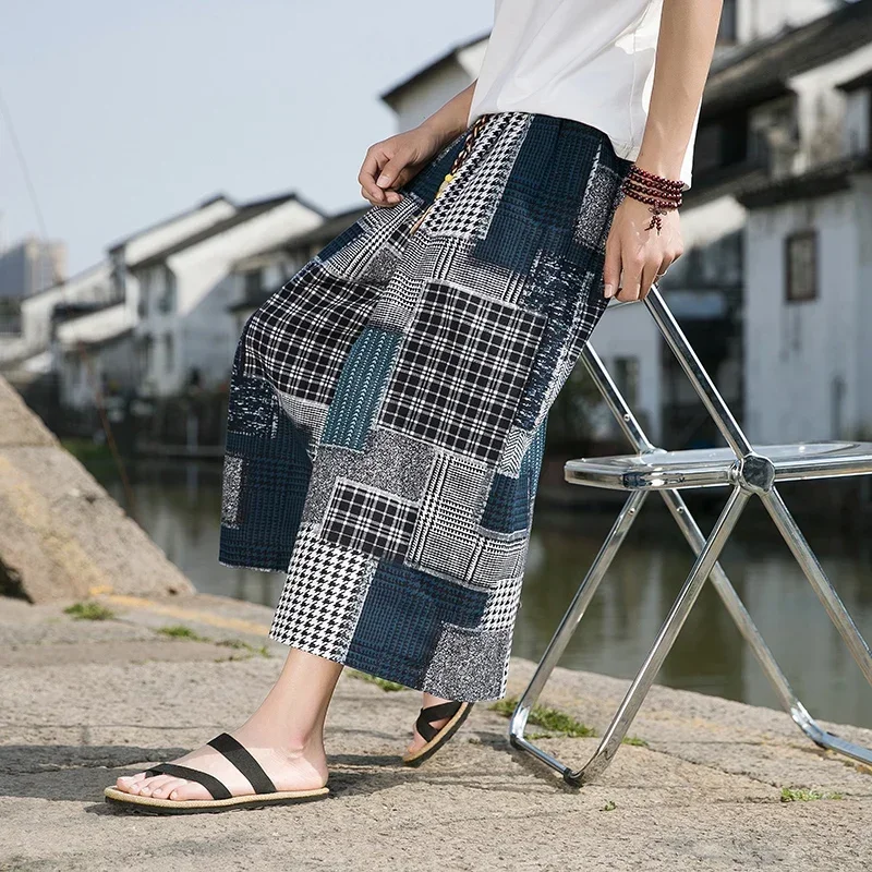 Wide Leg Pants Men's Harem Pants Pocket Jogging Plaid Casual Trousers Loose Hip Hop Harajuku Casual Ethnic