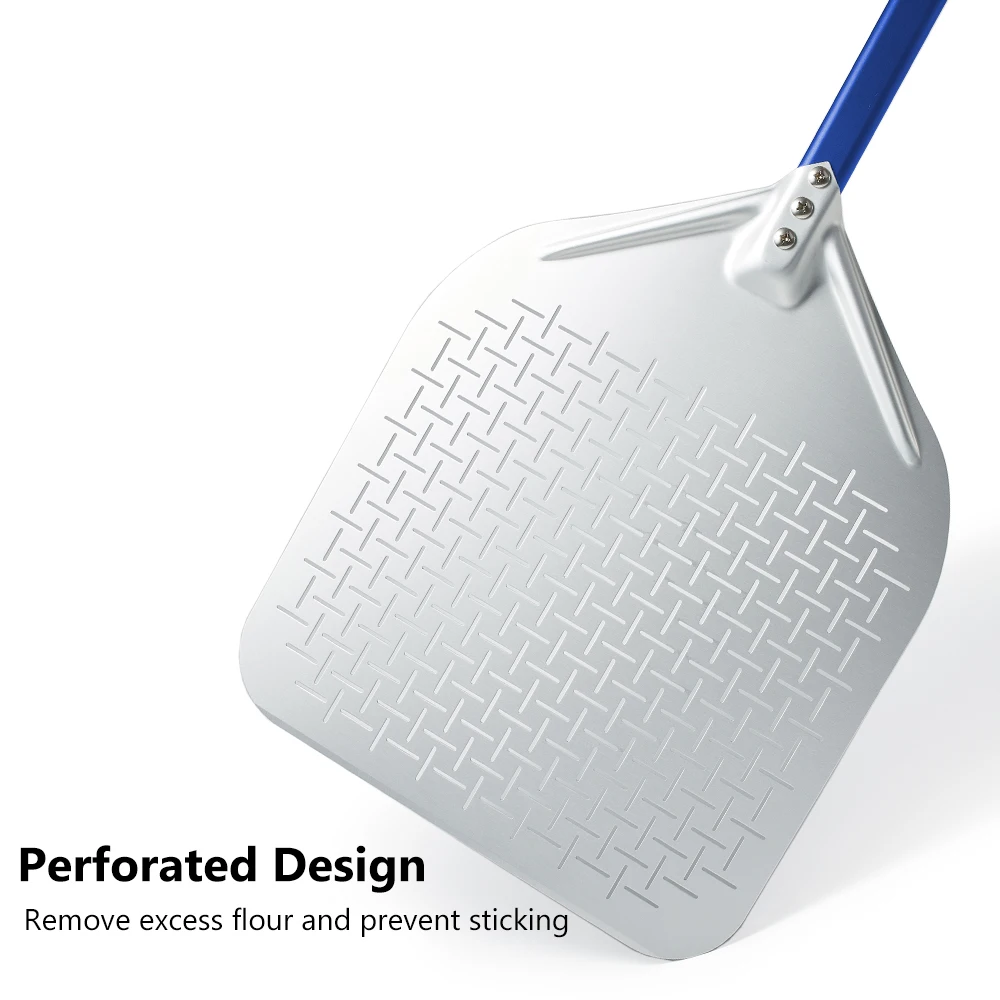 Onilini 12/13/14/ inch Anodized Pizza Peel Perforated Retangular Pizza Paddle with Sauce Spoon Blue Handle Accessories