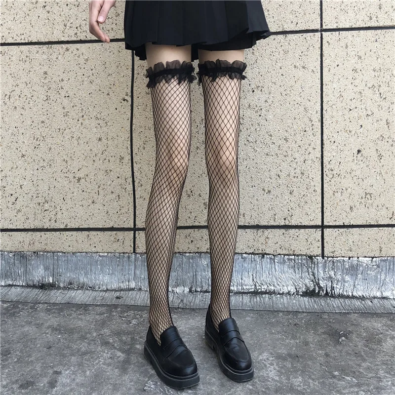 

1 Pair of Women's Socks Japanese Cute JK Mesh Lace Thin Long Socks Fishing Net Sexy Thin Invisible Buttocks Ladies Thigh Socks