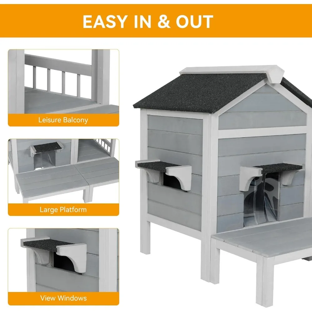 Outdoor Cat House, Feral Kitty Shelter Outside Waterproof with Large Balcony, Escape Door