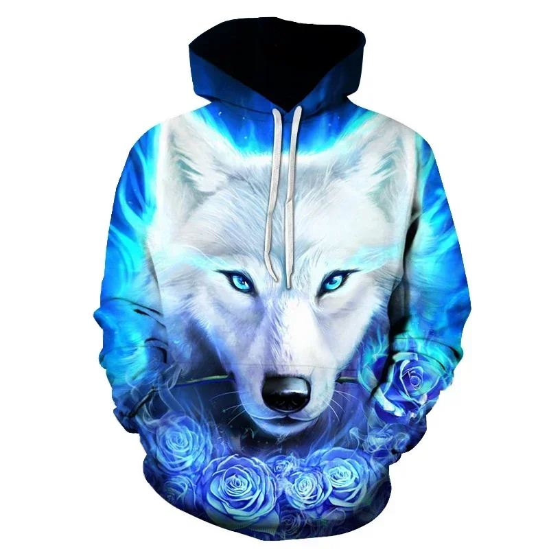 2024 Fashion Wolf Pattern Sweatshirts For Men Funny Animal Print Hoodie Hip Hop Trend Harajuku Autumn Pullover Y2k Clothes