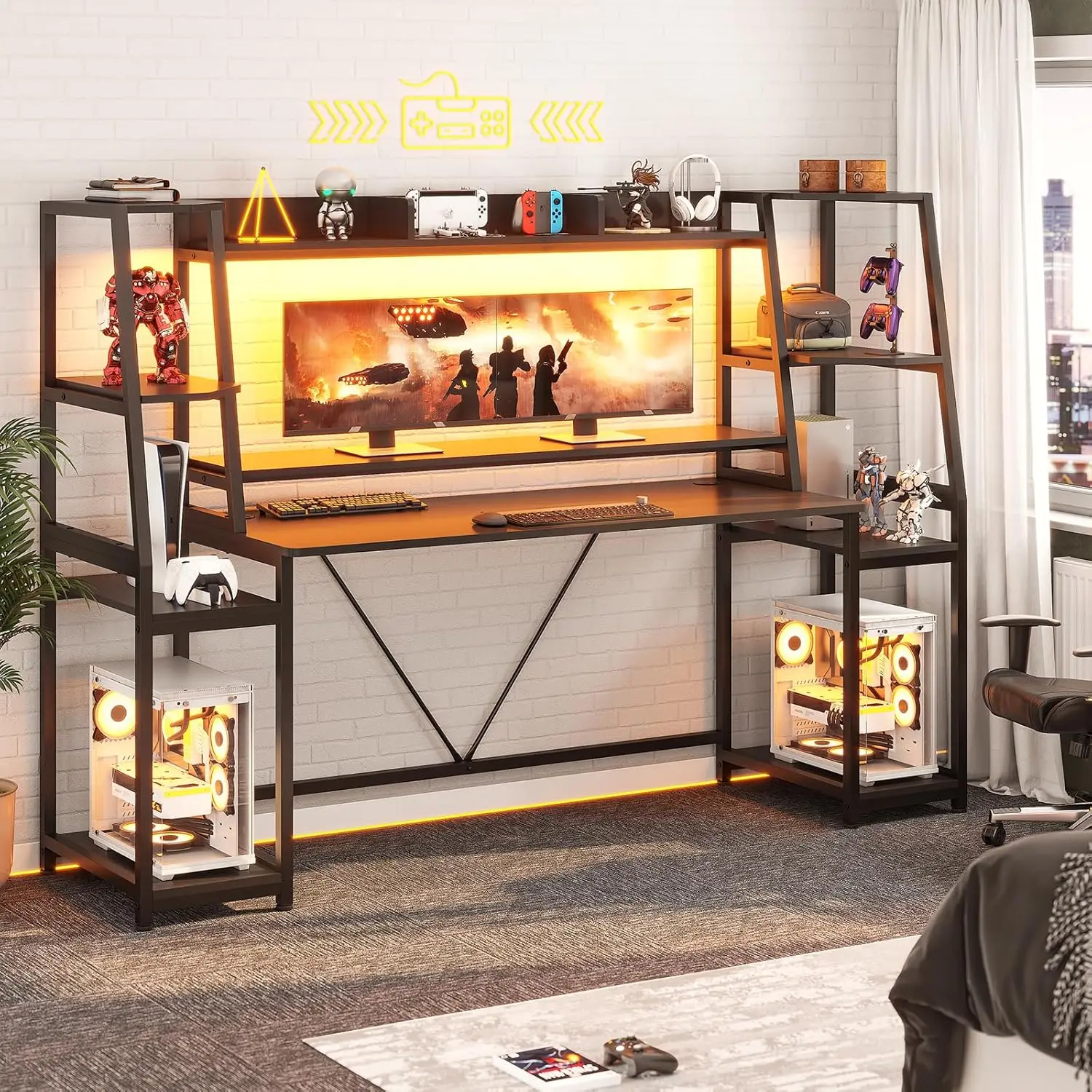 SEDETA Gaming Desk 78.8'' with LED Lights Hutch and Storage Shelves Computer Desk with Monitor Stand Large PC Gamer Desk 3
