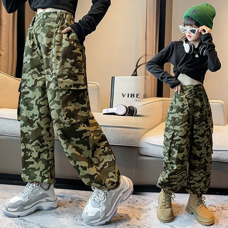 Pantalones Cargo de camuflaje para niñas, camiseta negra + Pantalones casuales de pierna suelta, Pantalones anchos de Hip Hop con bolsillo Vintage para adolescentes de Primavera 6 años| | - AliExpress