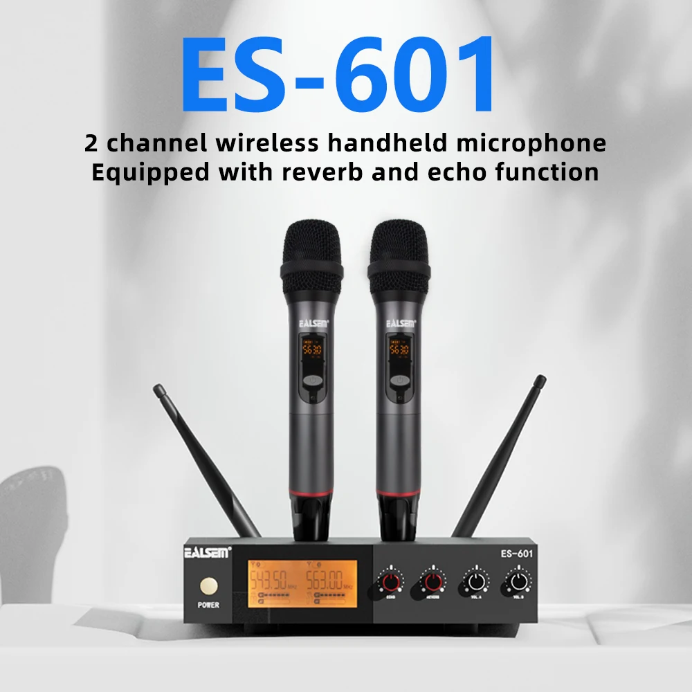 EALSEM 601 UHF Dual Channel Metal Dynamic Microphone,Receiver With Adjustable Reverberation, Echo,For KTV,Stage,164FT/50m,Black
