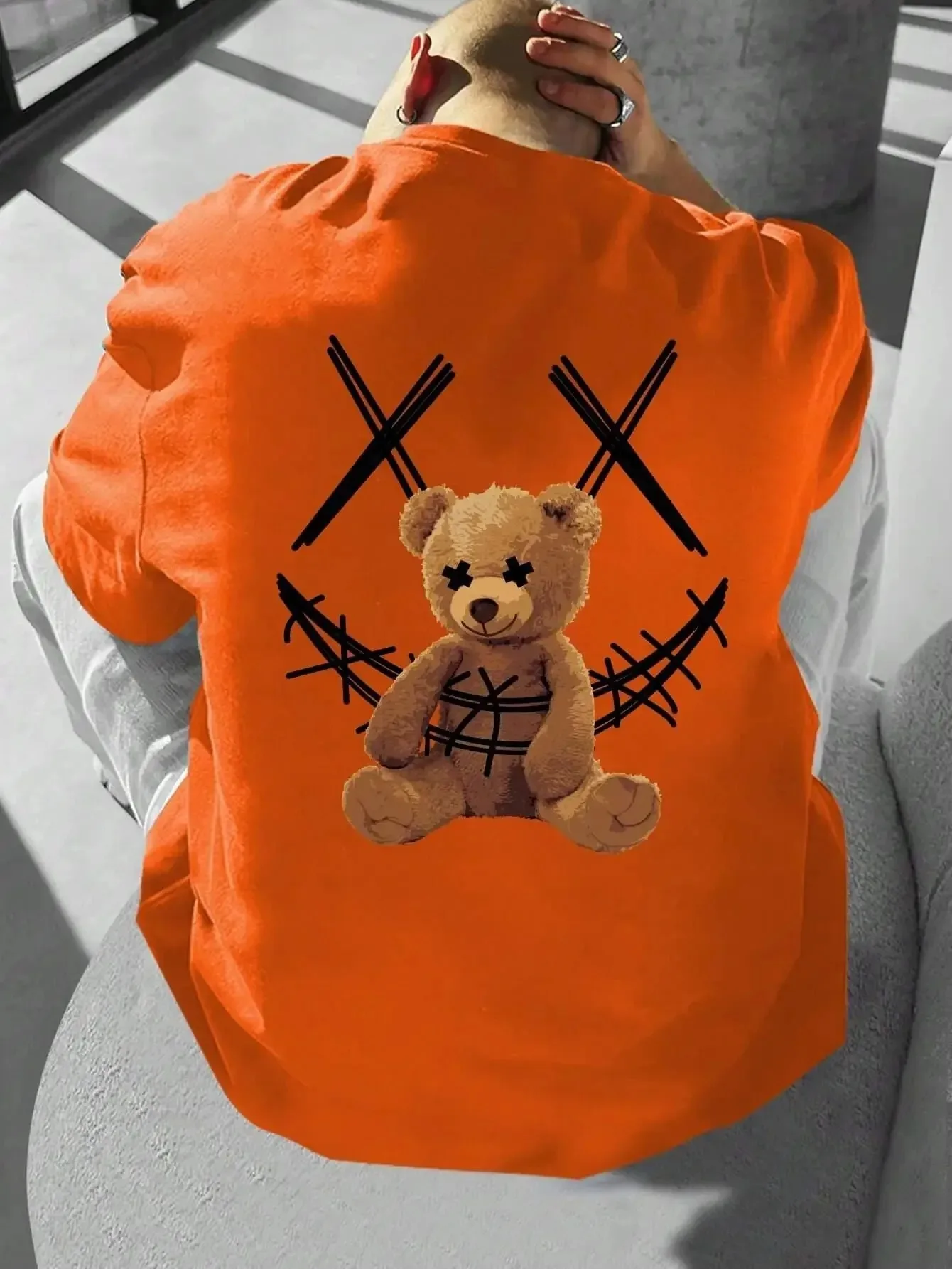 

Men's summer cotton T-shirt trap brown bear pattern printing round neck loose top breathable comfortable casual plus T-shirt