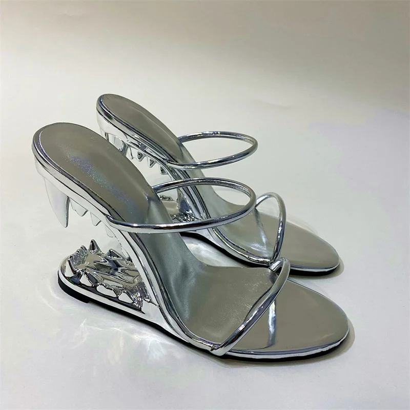 

ippeum Metallic Silver Wedges Sandals 2023 Summer New Design Metal Tooth High-heeled Sexy Pink Slippers Women's y2k Shoes