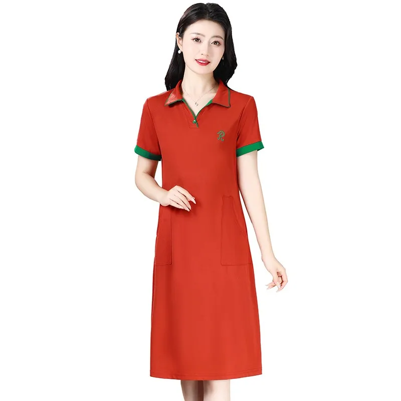 

Woman New 100% Cotton Soft Dress Polo Collar Long Loose Large Size Pullover Sweater Spring Summer Short Sleeve Bottoming Dress