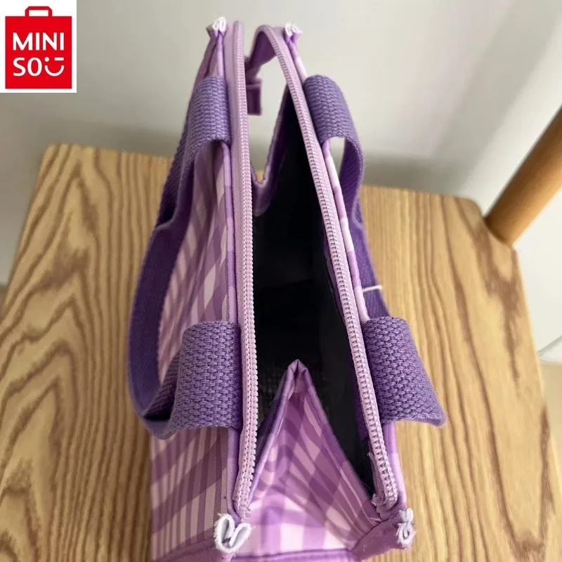 MINISO sanrio Hello Kitty Checkered Sweet Kuromi Bento Bag Student Insulation Lightweight High Quality Handbag