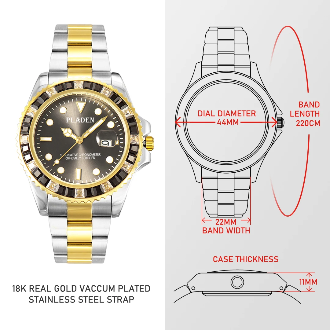 PLADEN Luxury Fashion Watches Mens Automatic Date Iced Diamond Waterproof Quartz Wrist Watch Stianless Steel AAA Clock Man Reloj