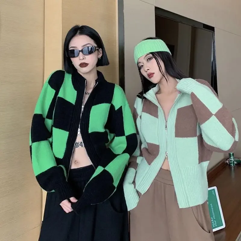 

Women Checkerboard Sweater Autumn Winter Zip Knit Cardigan Korean Fashion Cropped Top Loose Long Sleeve Jacket Cheap Wholesale