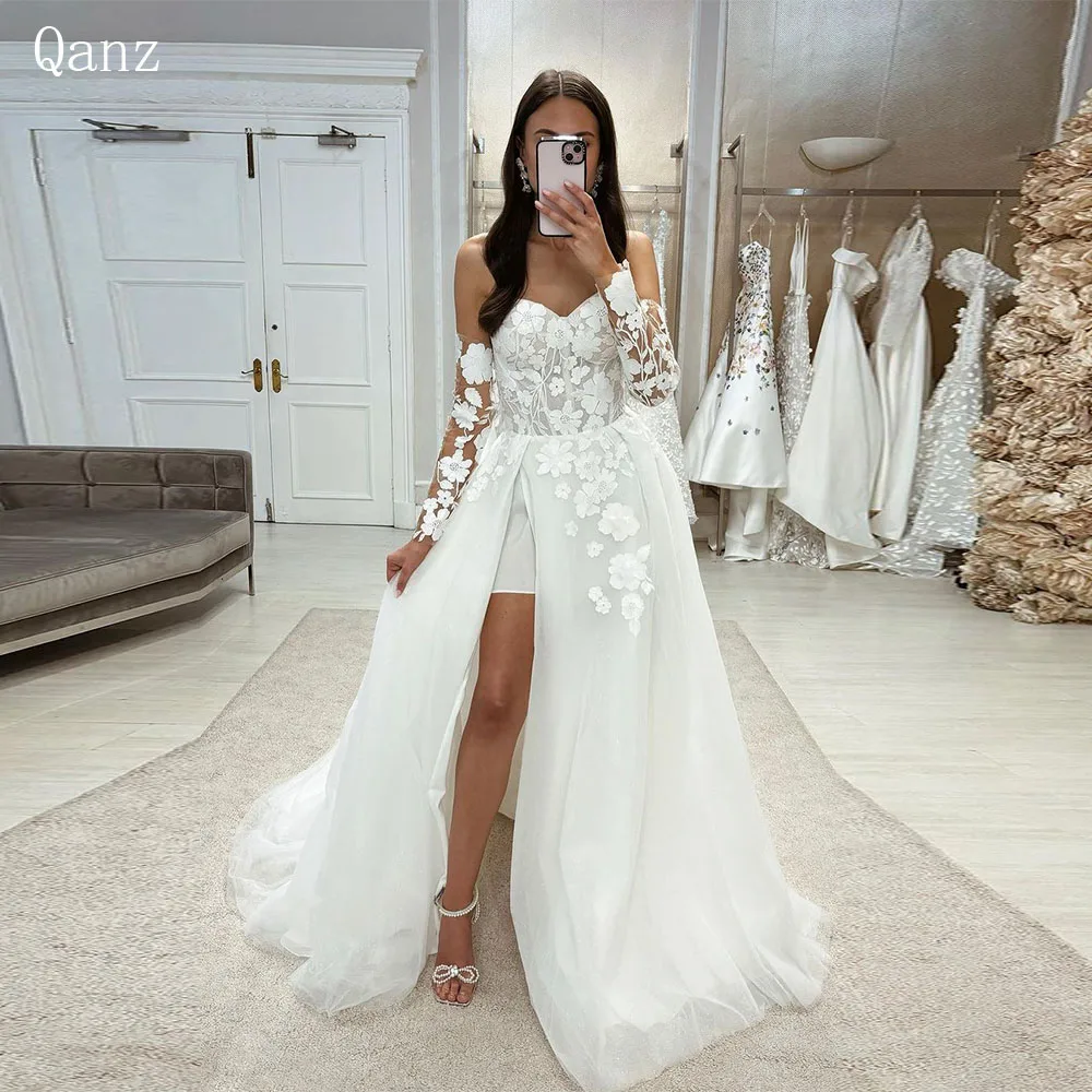 

Qanz Modern A-line Wedding Dress Overskirts Tulle Lace Appliques Robe De Mariée Boho Long Sleeves High Slit Vestidos De Fiesta