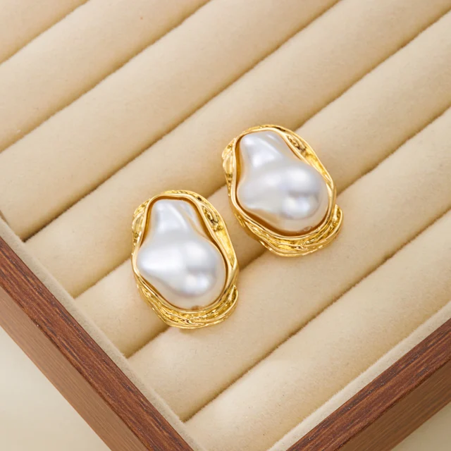 86814-eb92dc.jpg Boucles d'oreilles en perles baroques irrégulières pour femmes, exquises, Vintage, Style français, couleur or, bord en métal, accessoire de bijoux