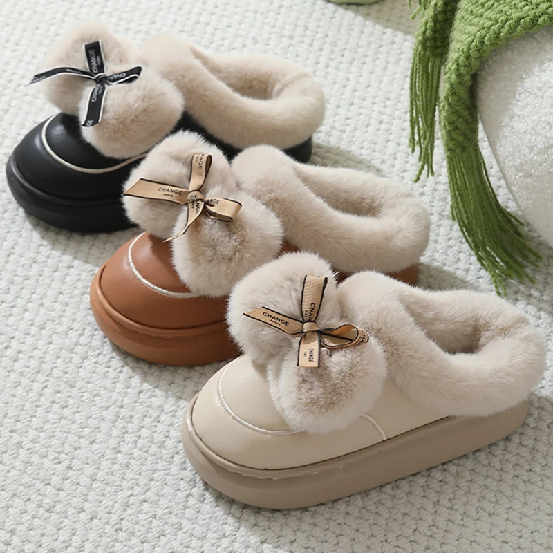 Lovely Bowknot Fluffy Slippers for Women 2025 Winter Plush Warm Cotton Shoes Woman Comfortable Non Slip Home Slippers Female