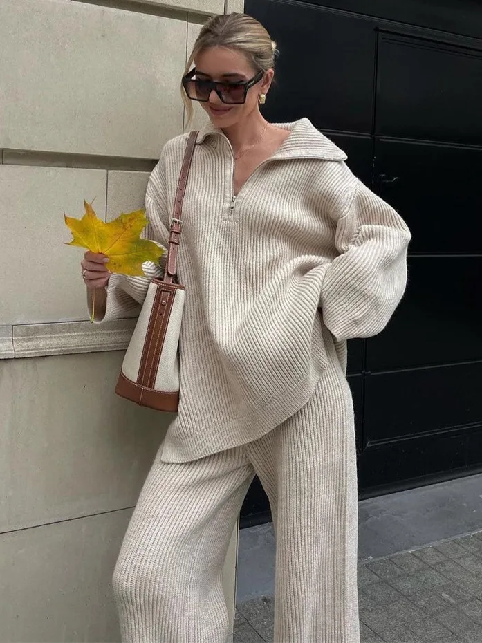 

2023 New Solid Color Half Zipper Sweater Set Autumn Loose Fashion Women's Trouser Set Two-Piece Lazy Knit Coat 235