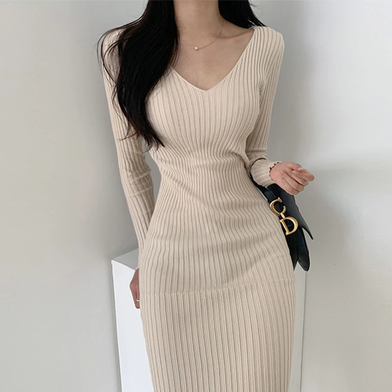 한국 세련된 가을 고급 센스 V-neck 침몰 스트라이프 슬림 핏 슬리밍 단단한 긴 소매 니트 원피스 긴 원피스 